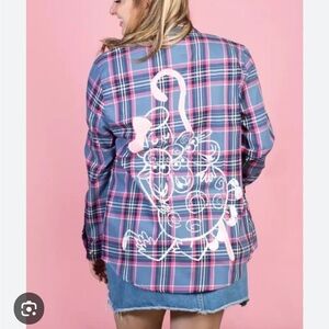 Disney Toy Story 4 Cakeworthy Bo Peep Plaid Flannel Button Up Shirt Top Sz L NEW